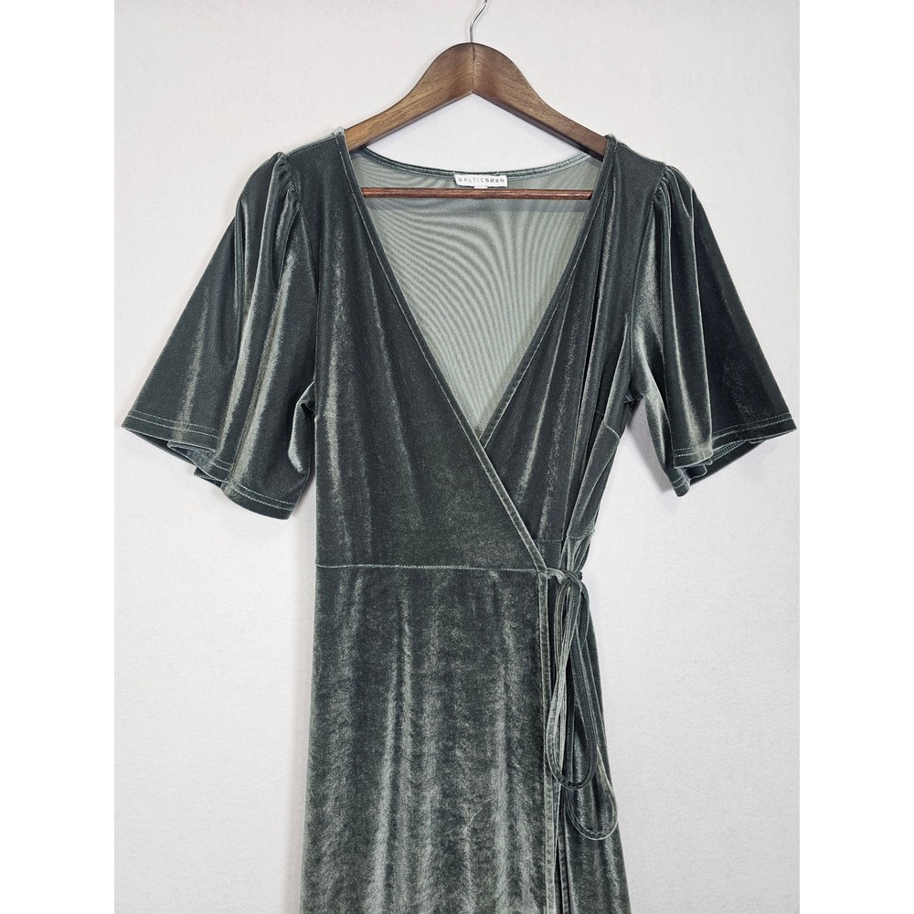 Elegant Baltic Born Velvet Wrap Maxi Dress Women Large Sage Green Flutter Sleeve